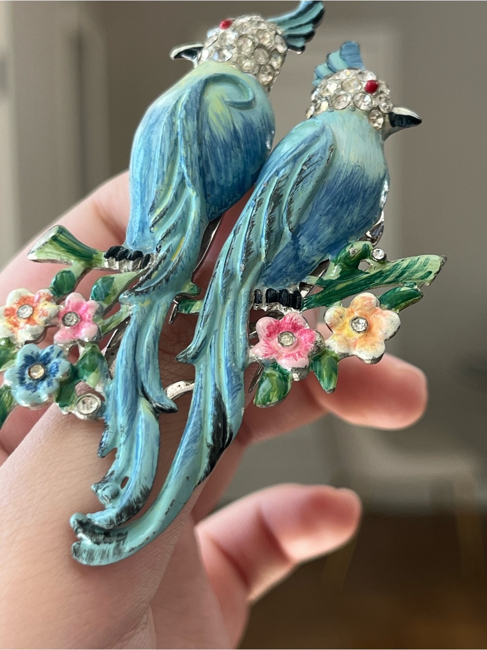 Vintage Coro Book Piece Parrot Duette Love Birds Blue Enamel Brooch Fur Clip Pin - Picture 5 of 13